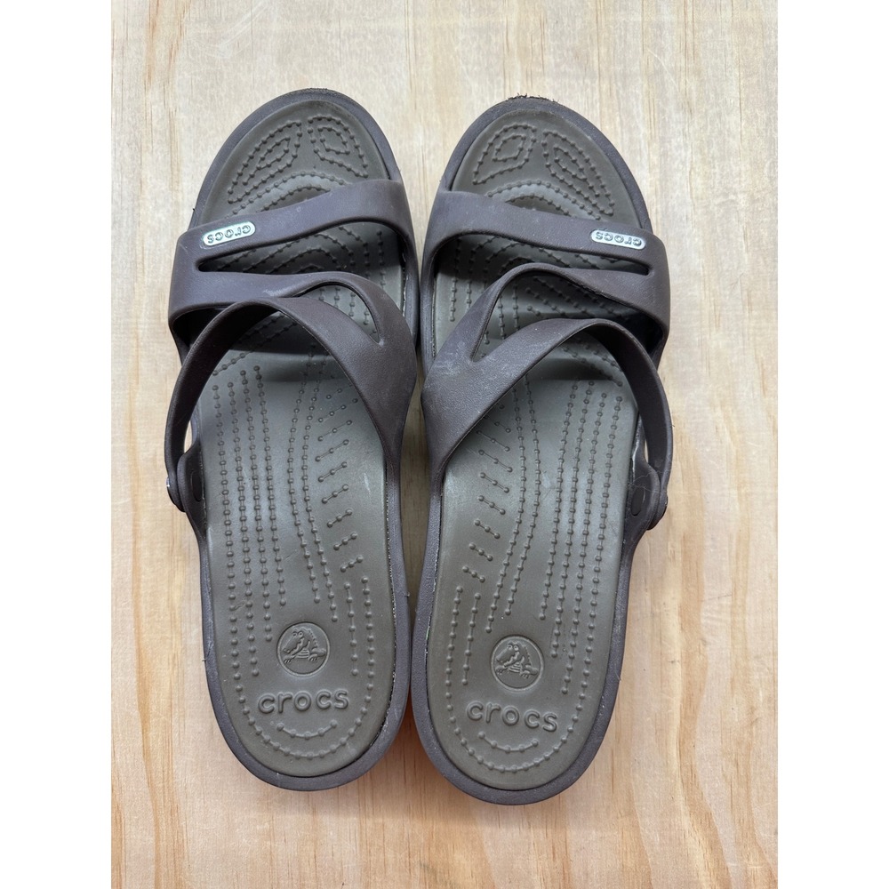 Crocs Patricia‎ Wedge Sandals Womens 9 Espresso Brown Multi Strap Slide Shoes